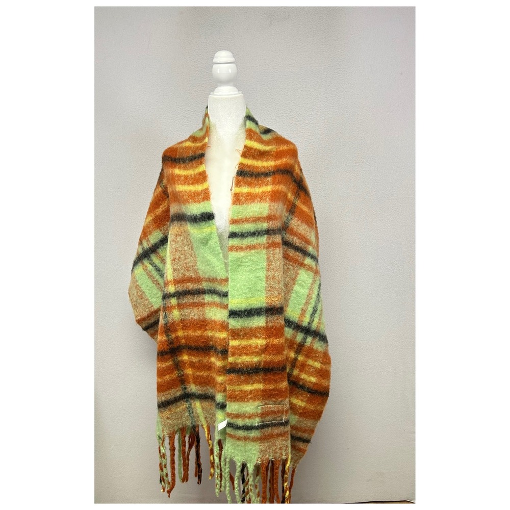 Gorpcore Urban Outfitters Women One Size Orange Green Plaid Fringe Blanket Scarf